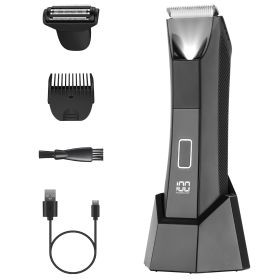 1Pc 2 In 1 Electric Body Trimmer For Men Cordless Beard Groin Ball Pubic Hair Shaver IPX7 Waterproof Razor With LED Light LCD Display Guard Comb (Option: Black)