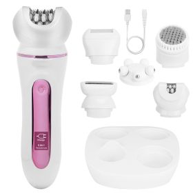 1Pc 5 In 1 Electric Body Epilator Rechargeable Women's Grooming Kit Epilator Shaver Facial Brush Callus Remover 5 Point Massager With LED Light L (Option: White)